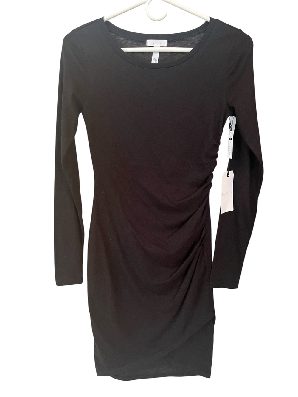 Leith Black Crewneck Dress Long Sleeve Ruched Side Crossover Hem XS  NWT